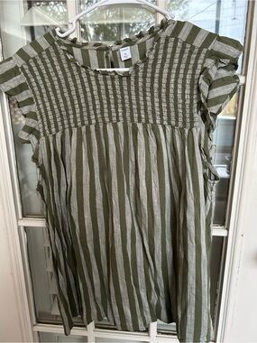 Old Navy Olive and Cream Striped Smocked Flutter-Sleeve Top